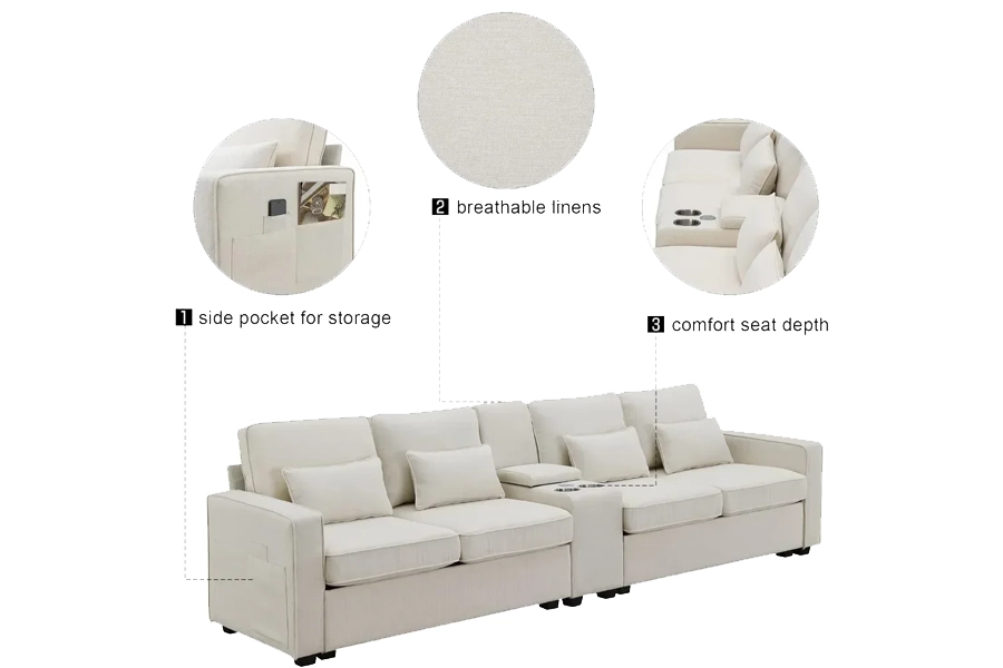 4-Seat Linen Sectional with Storage Options